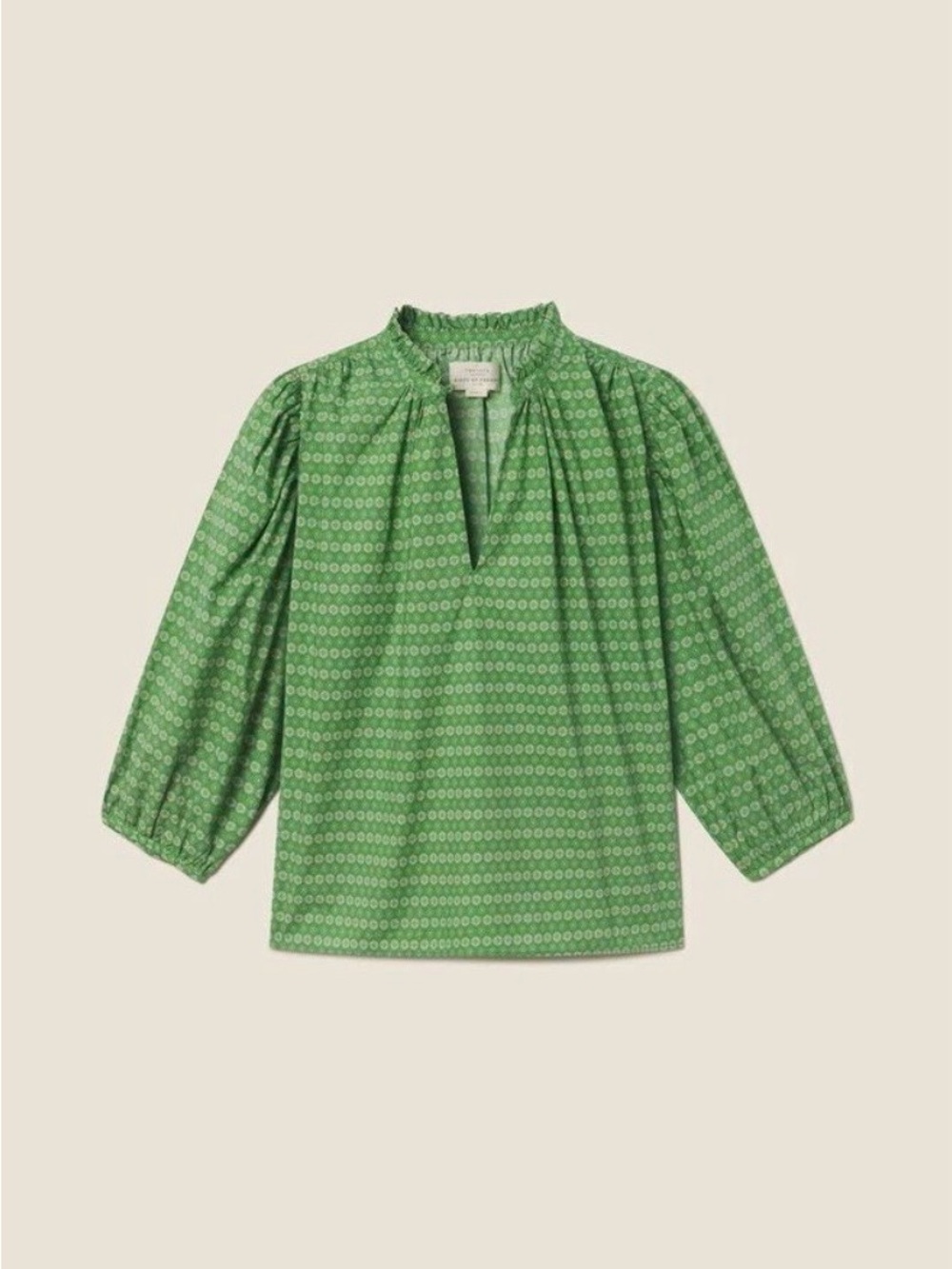 TROVATA Orly Blouse Women’s Green Medallion Top Size XS Quiet Luxury Timeless